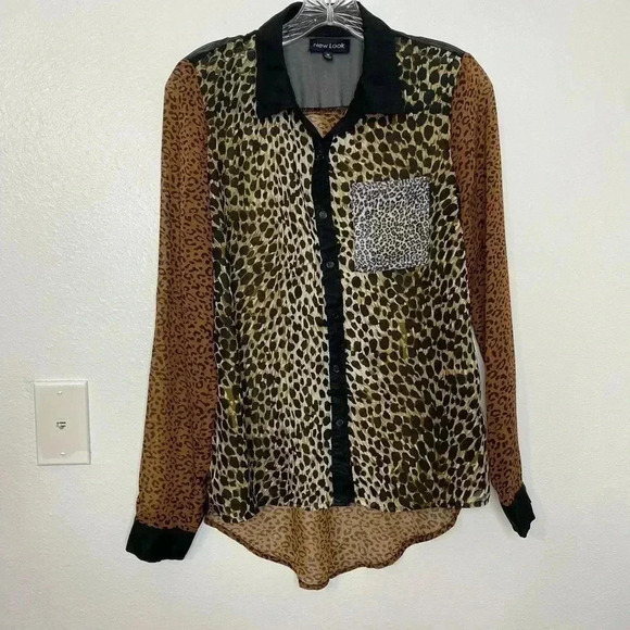 Asos New Look Animal Print Patchwork Button Down Blouse - Picture 2 of 4